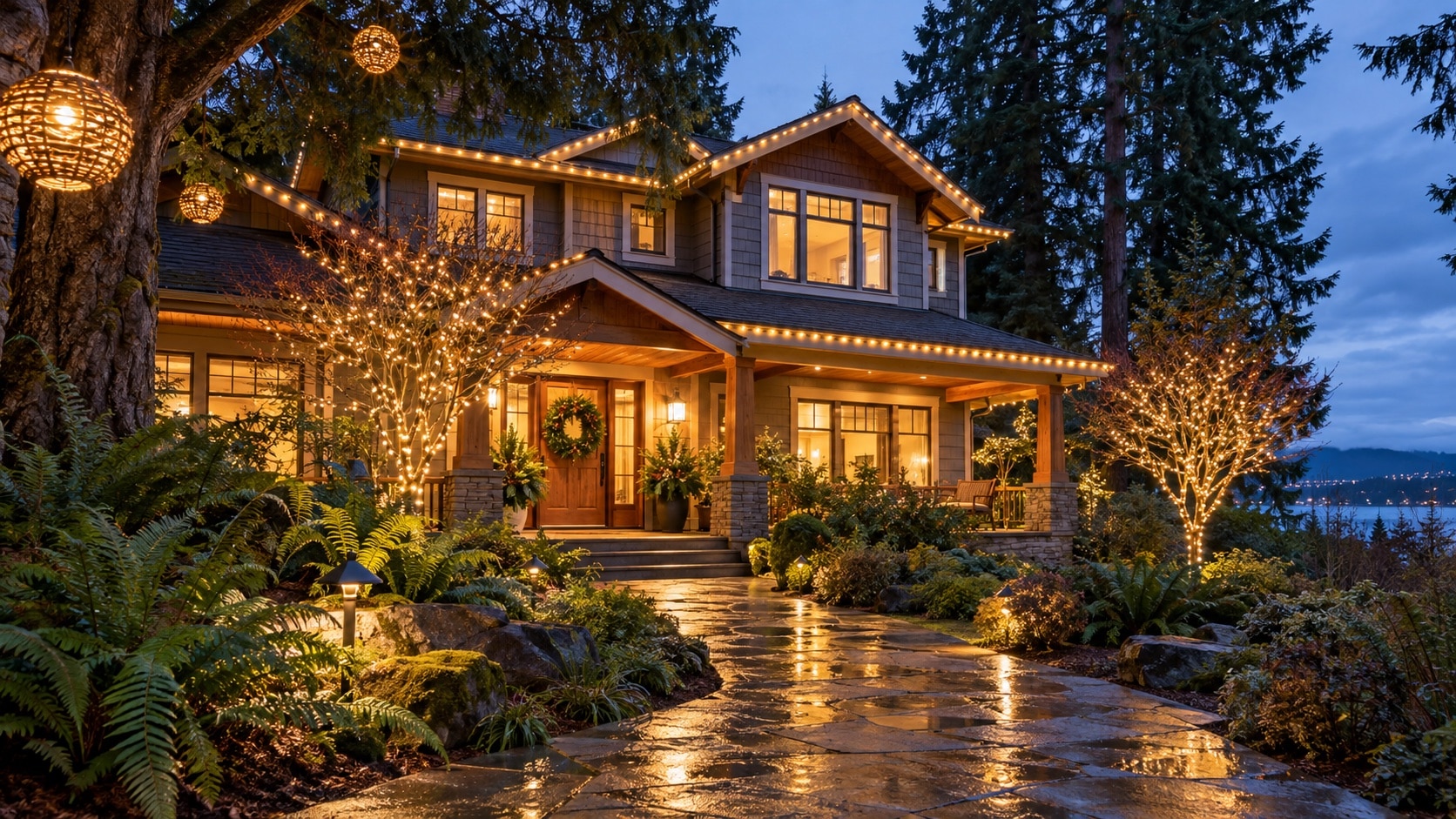 Pacific Northwest craftsman home with warm holiday roofline lights, wrapped trees and hanging globes at dusk.