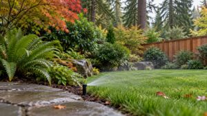 Sprinkler watering a Pacific Northwest garden bordered by ferns, a Japanese maple and a cedar fence.